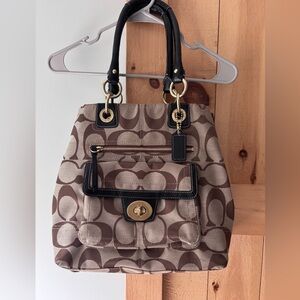 Coach Brown and Black Shoulder Bag with Monogram Design